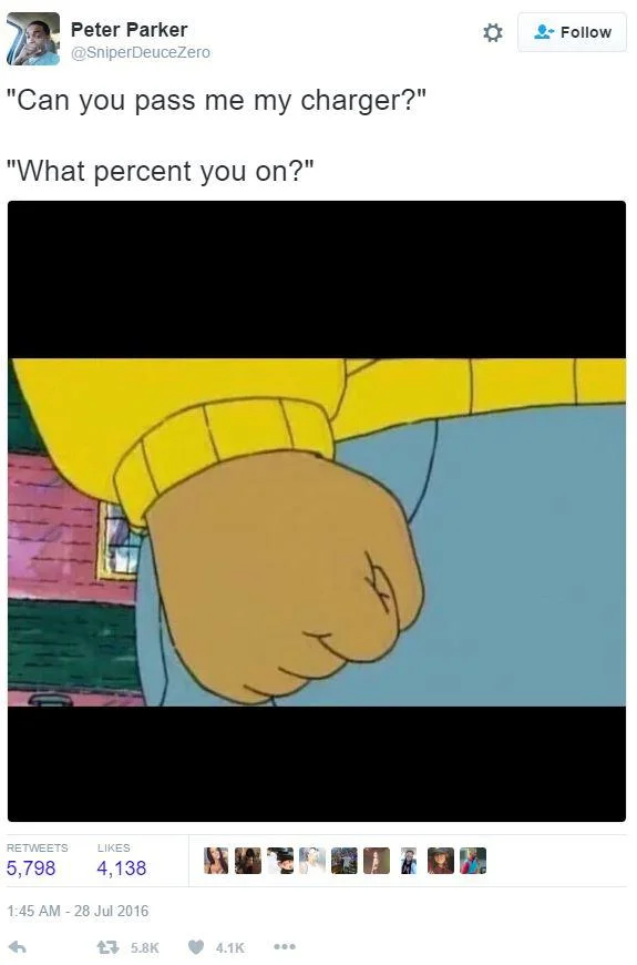 Tweet screenshot using Arthur's Fist as reaction to charger question with low battery response.
