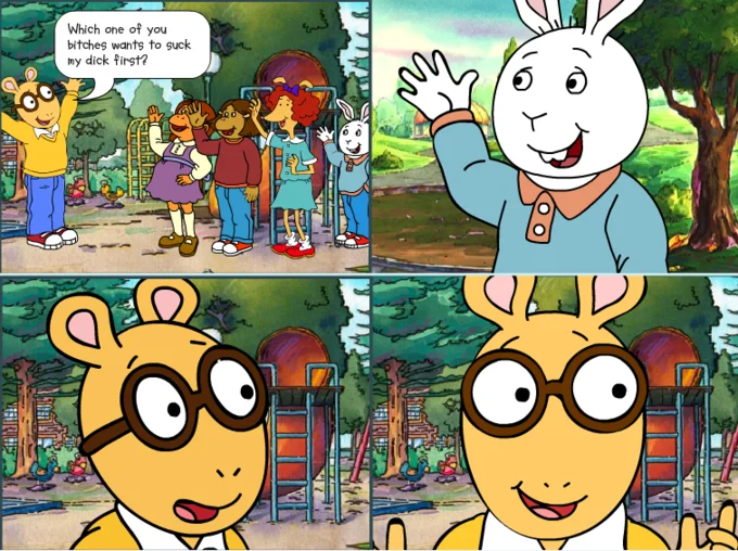 Edited four-panel Arthur meme with vulgar altered dialogue