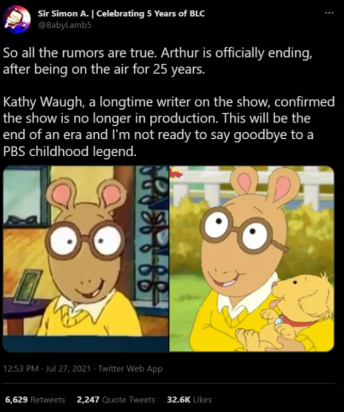 Tweet screenshot announcing the Arthur TV show ended after 25 years
