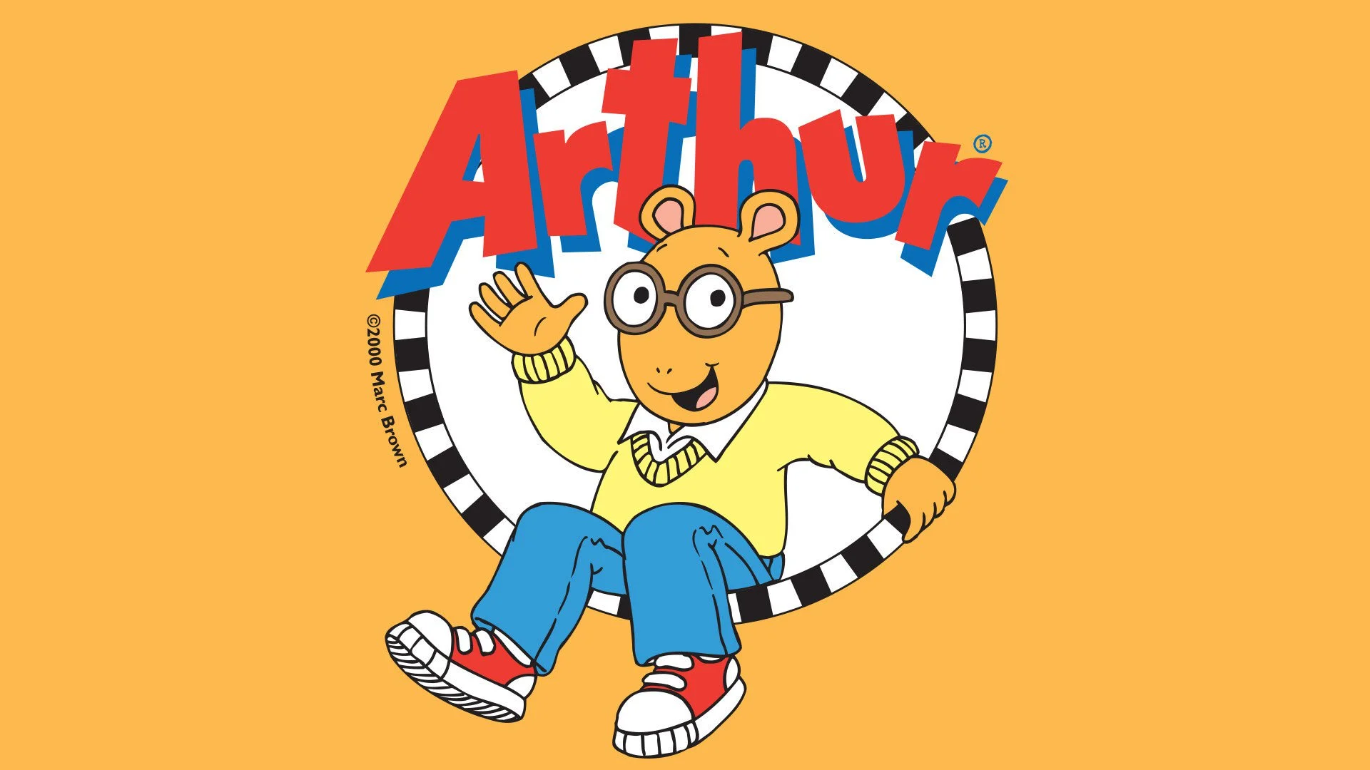 Arthur the aardvark waving inside the official Arthur TV show logo