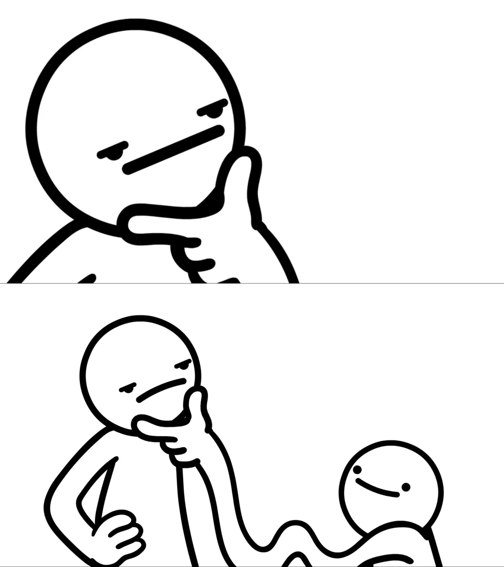 Two-panel image of asdfmovie character with skeptical thinking expression