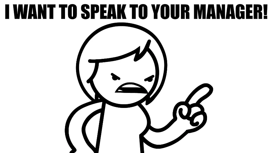 Angry asdfmovie-style character pointing with text 'I want to speak to your manager'