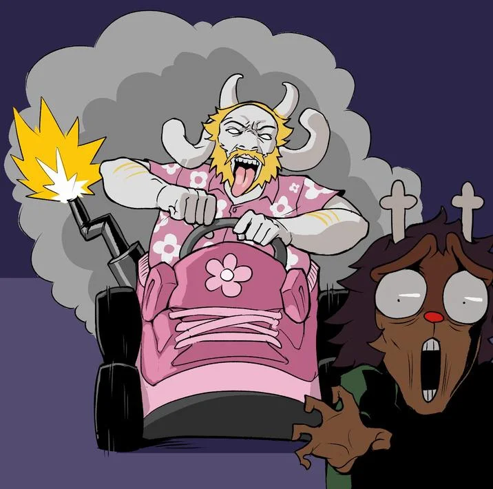 Asgore Running Over Dess — Asgore driving a pink floral car through smoke as horrified Dess with cross-eyes reacts