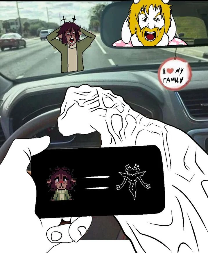 Asgore Running Over Dess — Car dashboard meme with cutouts of Asgore laughing and Dess screaming, plus phone showing Dess equals Knight theory