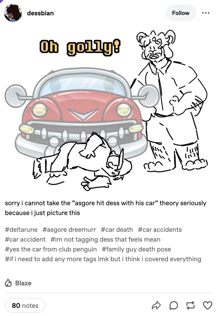 Asgore Running Over Dess — Tumblr post showing Asgore standing over Dess in Family Guy death pose next to a red car with 'Oh golly!' text