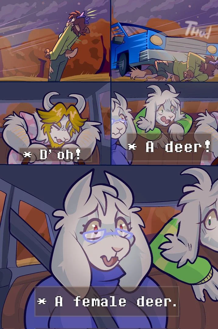 Asgore Running Over Dess — Comic panels of Asgore's car hitting Dess with 'Doh, a deer, a female deer' Sound of Music pun captions