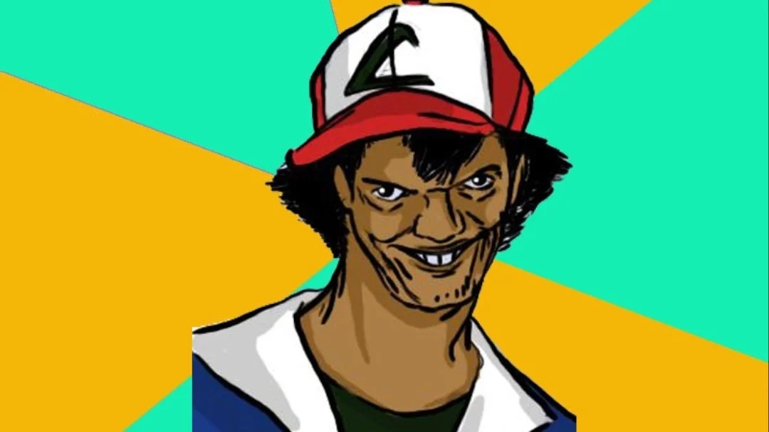 Ash Pedreiro Dat Ash — Distorted illustration of Ash Ketchum with a creepy grin on a green and orange sunburst background