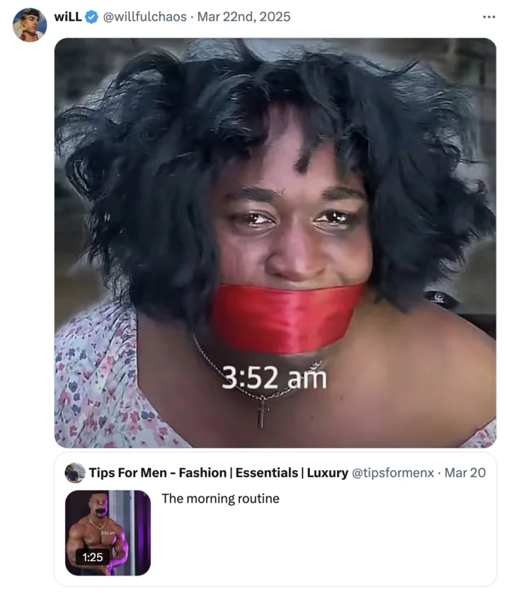 Ashton Hall Morning Routine — Twitter post showing shirtless person applying banana peel at 8:45 am 'rub a banana peel on my face'.