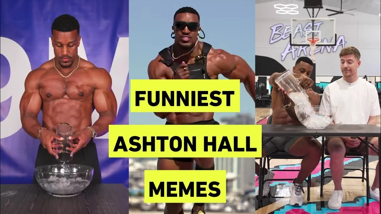 Collage of Ashton Hall Morning Routine meme scenes with yellow text 'FUNNIEST ASHTON HALL MEMES'.
