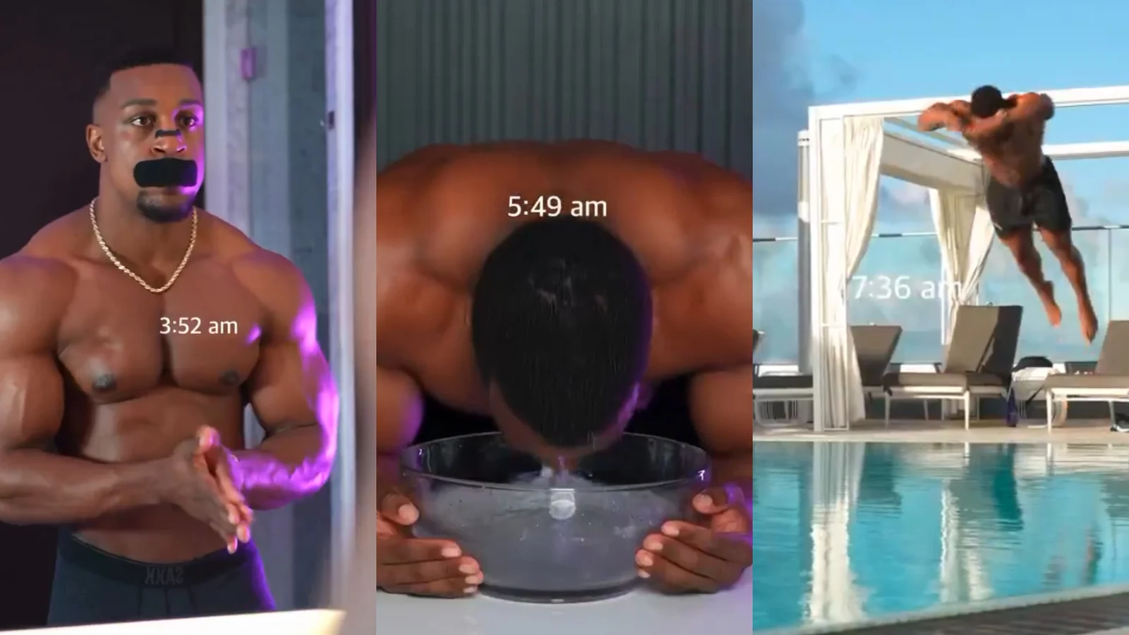 Ashton Hall Morning Routine — Three-panel meme collage with absurd morning routine activities at increasing times including flexing and pool backflip.