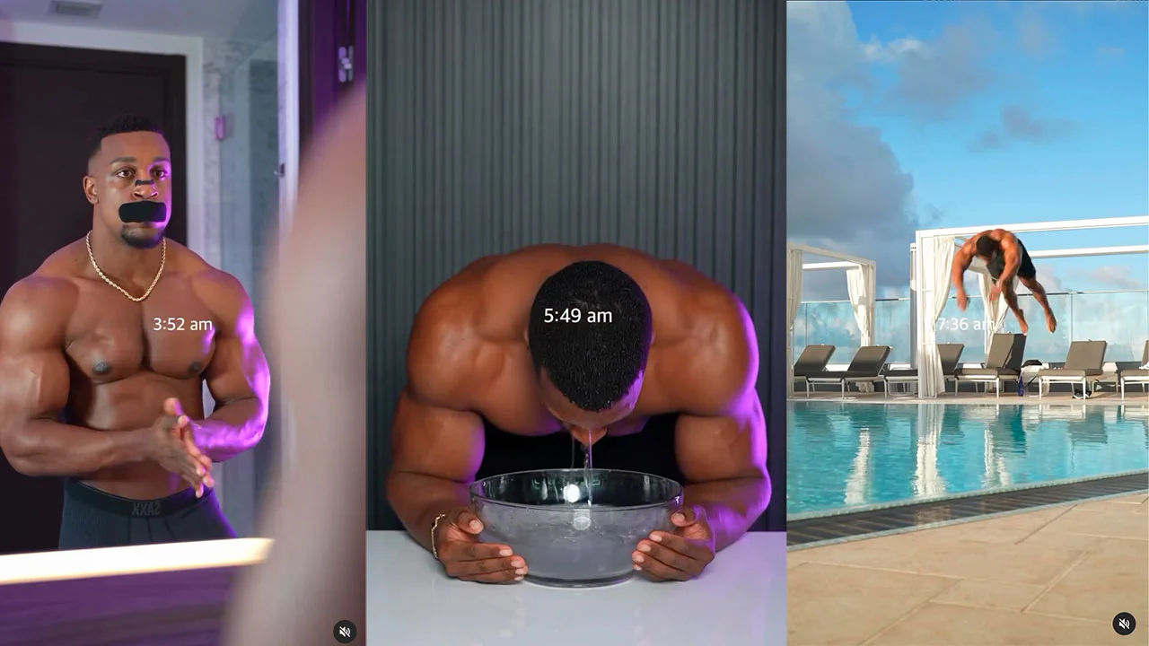 Ashton Hall Morning Routine — Three-panel viral meme collage of exaggerated morning routine at specific timestamps mocking fitness and wellness culture.