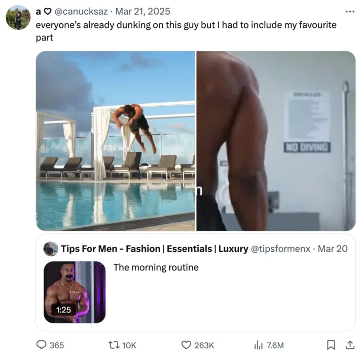 Ashton Halls Morning Routine — Twitter meme pairing Ashton Hall's pool diving with emphasized 'ICE DUNKING' section.