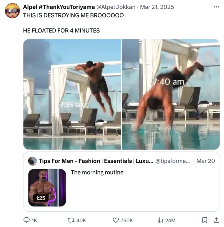 Ashton Halls Morning Routine — Twitter meme parody showing dramatic pool dive at 7:36 am and floating at 7:40 am with 'HE FLOATED FOR 4 MINUTES'.