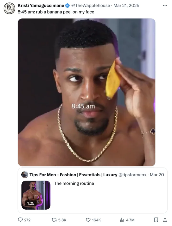 Ashton Halls Morning Routine — Twitter meme with person using banana peel on face at 8:45 am with timestamp styling.