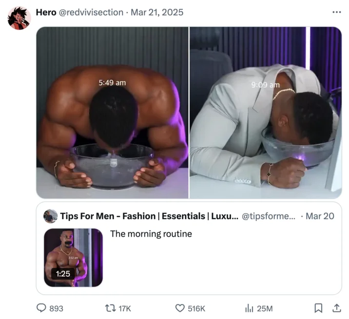 Ashton Halls Morning Routine — Twitter post showing Ashton Hall with mouth taped shut dunking face in ice water at 5:49 am and 9:09 am.