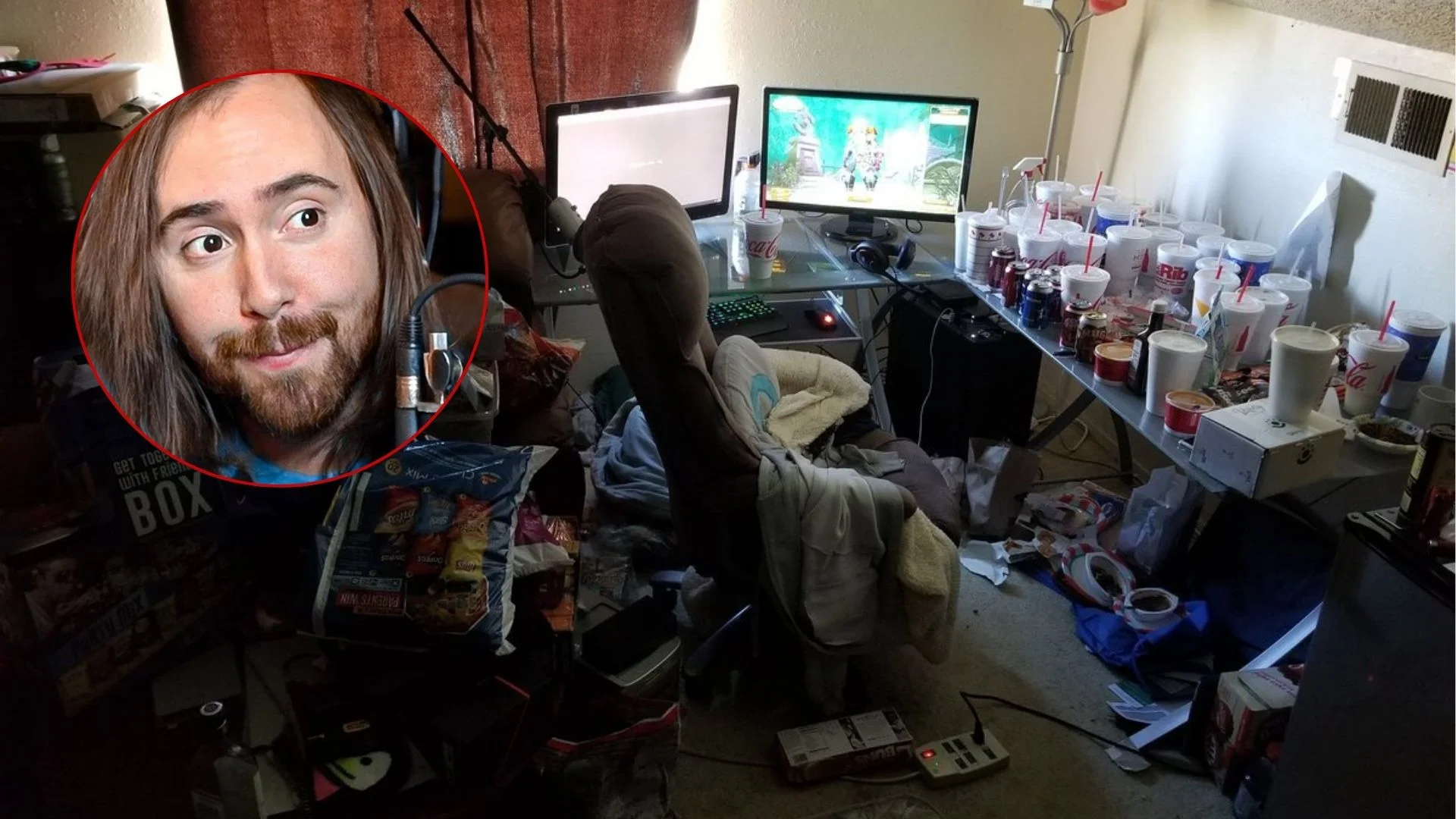 Asmongold's Bedroom — Asmongold's cluttered bedroom with gaming setup and empty cups, with inset portrait of the streamer