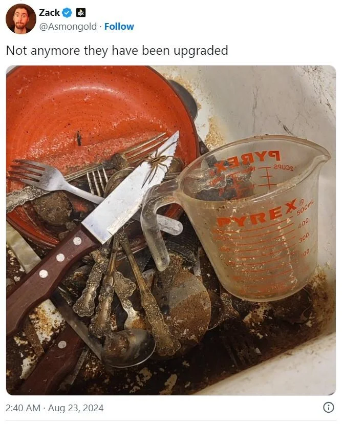 Asmongold's Bedroom — Asmongold tweet showing dirty dishes with caption about being upgraded