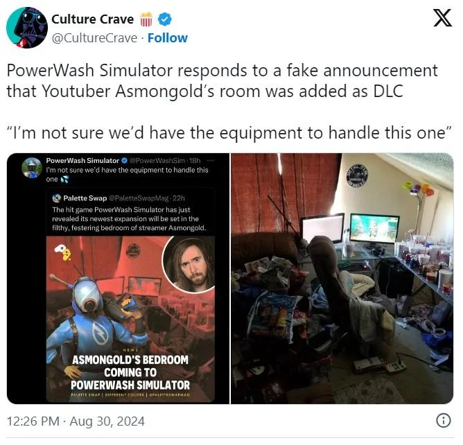 Asmongold's Bedroom — Culture Crave tweet reporting on PowerWash Simulator meme about Asmongold