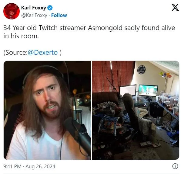 Asmongold's Bedroom — Tweet by Karl Foxxy joking Asmongold was found alive in his messy room