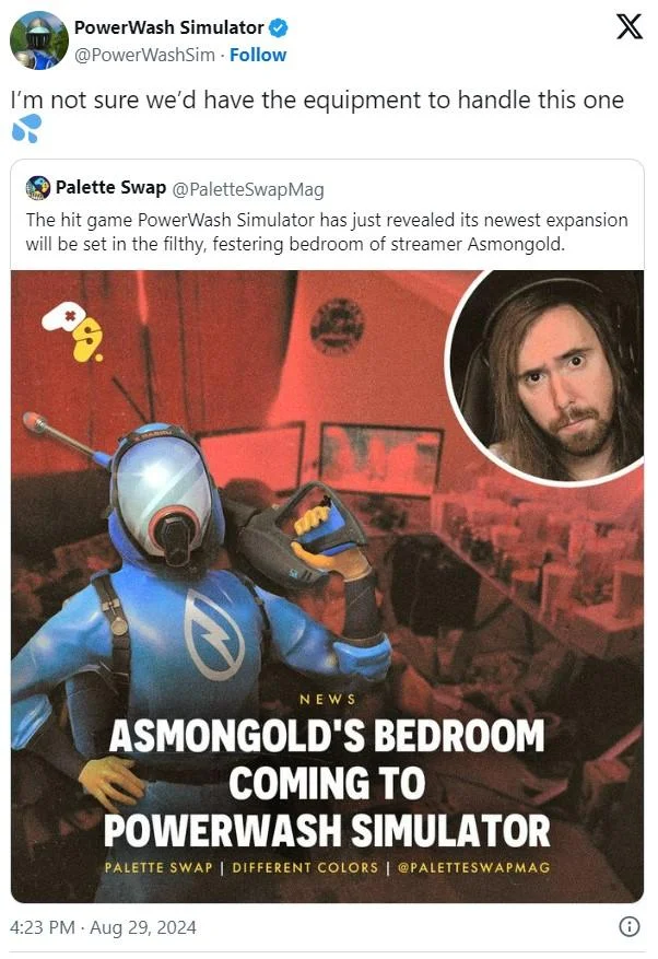 PowerWash Simulator tweet responding to meme about Asmongold's bedroom
