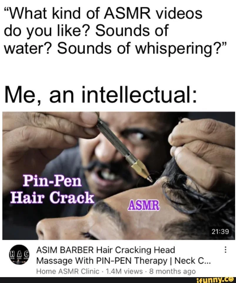 ASMR Memes — ASMR preferences meme contrasting mainstream sounds with obscure hair cracking ASMR barber video