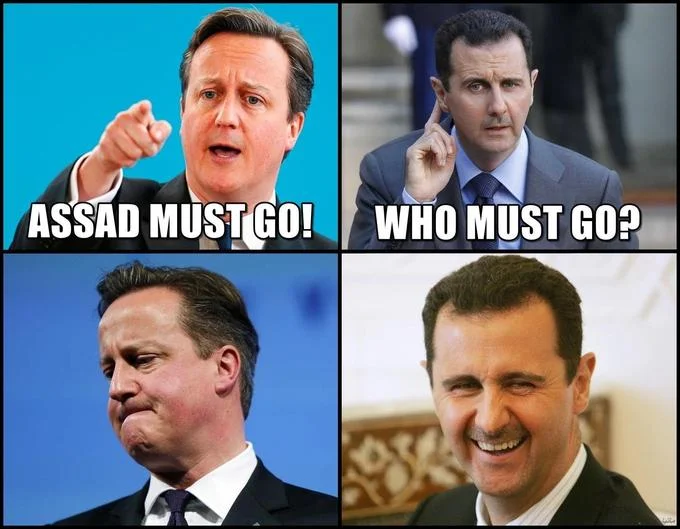 Four-panel Assad Must Go meme with David Cameron