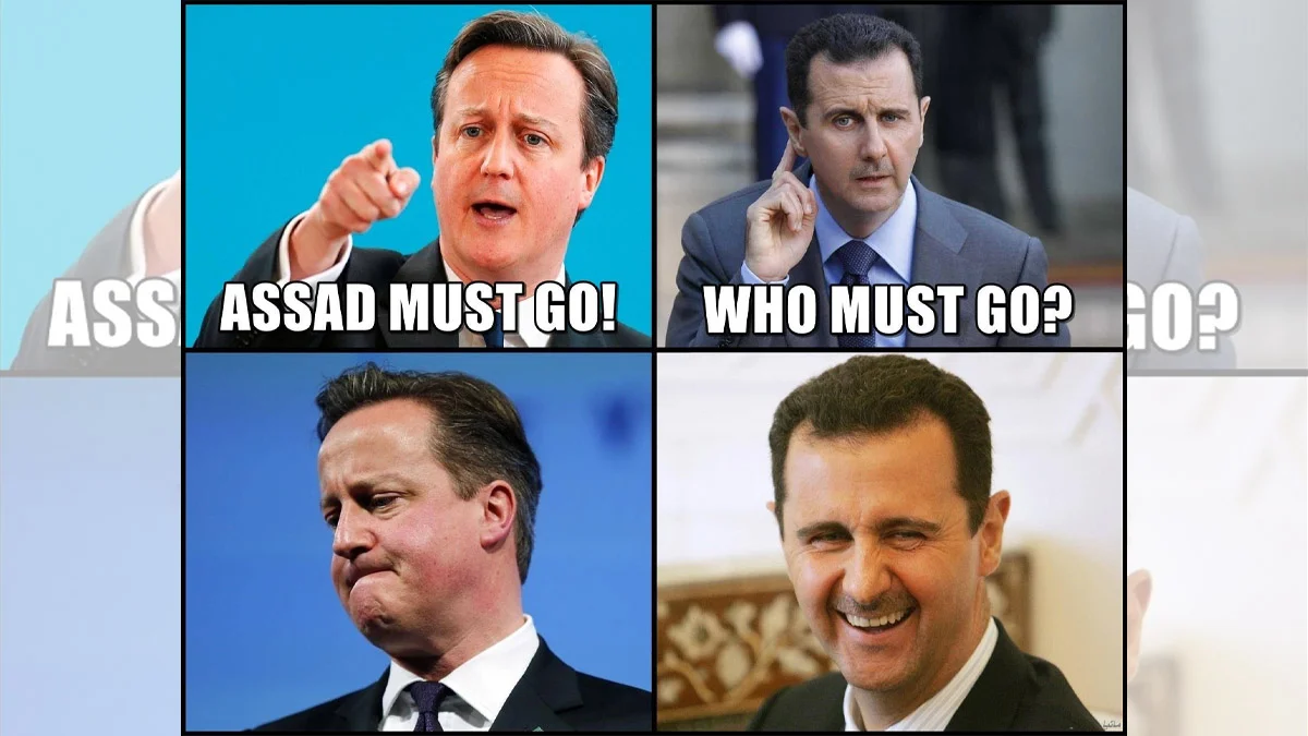 Four-panel Assad Must Go meme with David Cameron and Bashar al-Assad