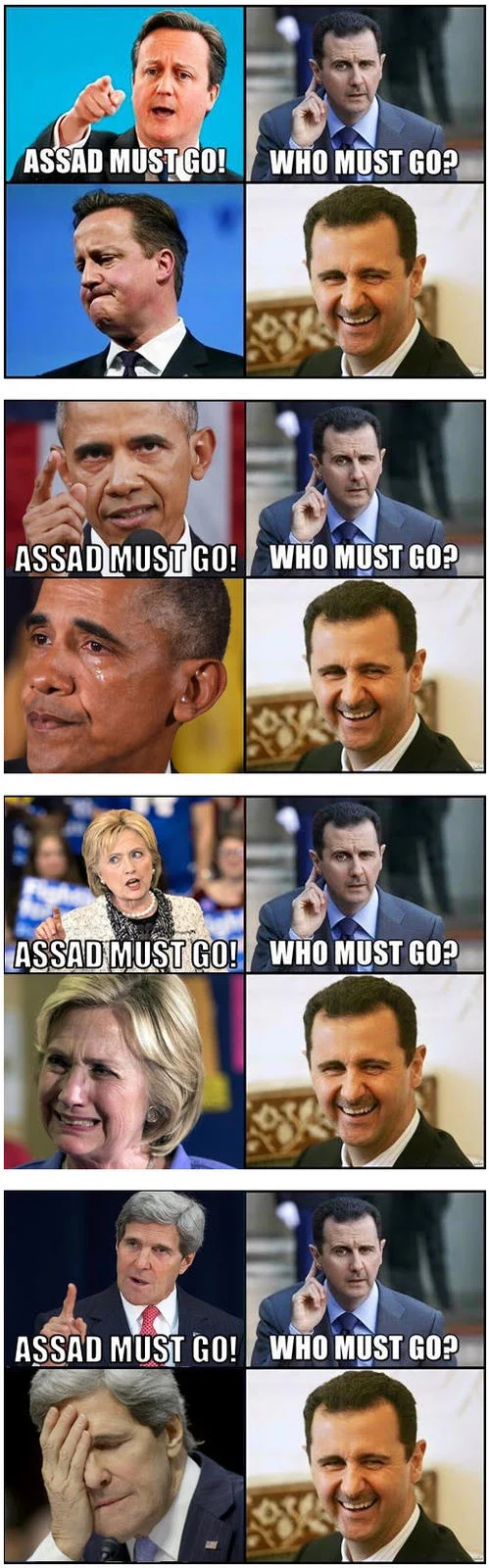 Compilation of four Assad Must Go memes featuring Cameron, Obama, Clinton, and Kerry