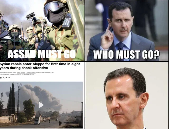 Assad Must Go meme with Syrian rebel offensive news headline