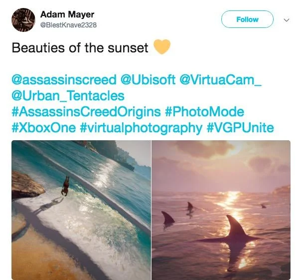 Assassins Creed Odyssey — Tweet by Adam Mayer sharing Assassin's Creed Origins Photo Mode sunset screenshots