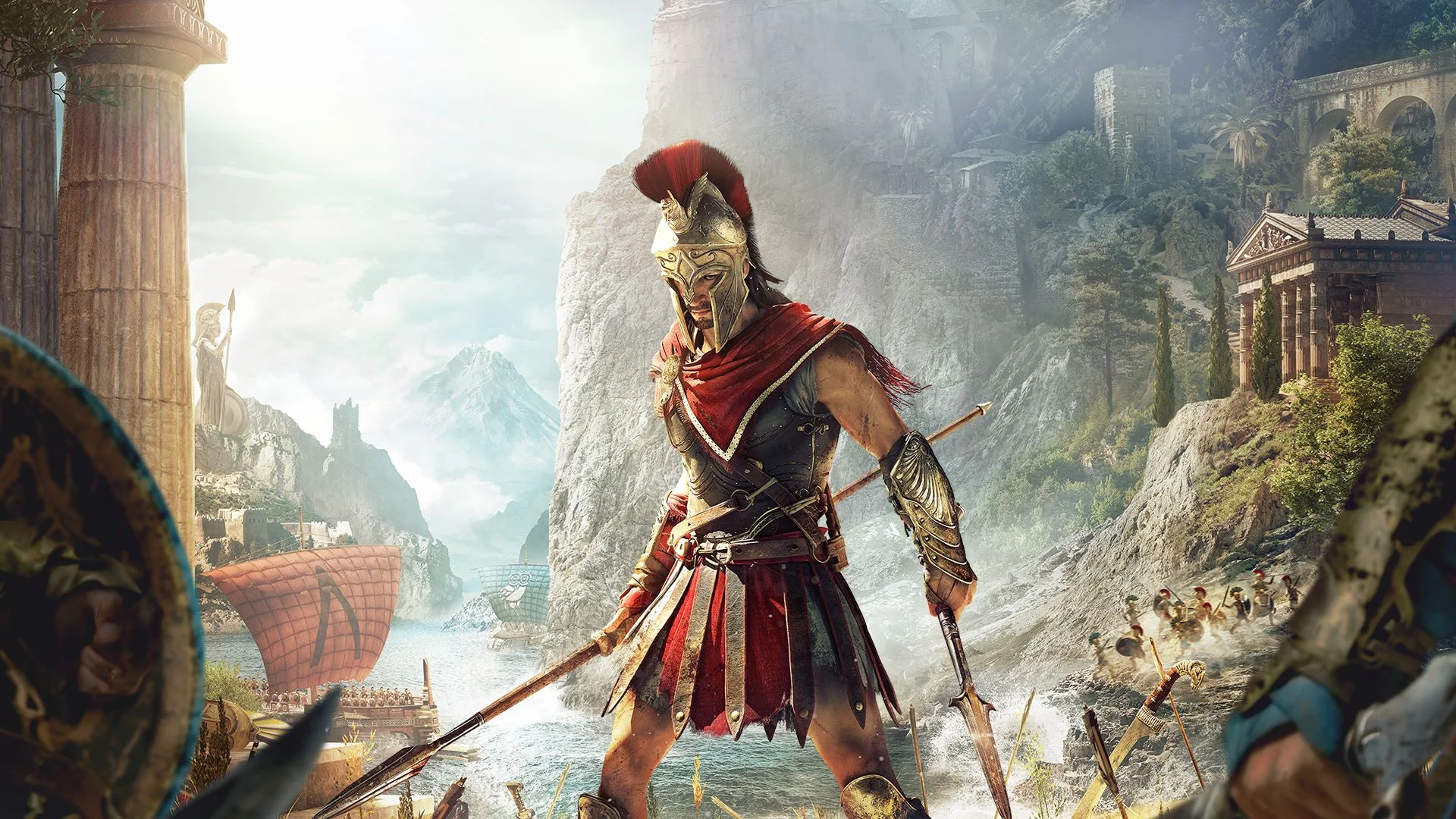 Assassins Creed Odyssey — Spartan warrior with red-plumed helmet holding a spear in front of ancient Greek scenery from Assassin's Creed Odyssey