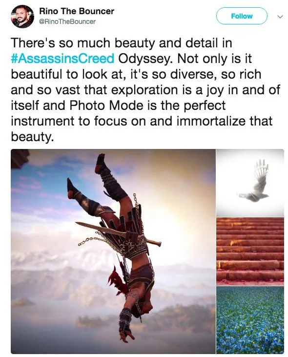 Assassins Creed Odyssey — Tweet by Rino The Bouncer praising Assassin's Creed Odyssey with photo mode screenshots