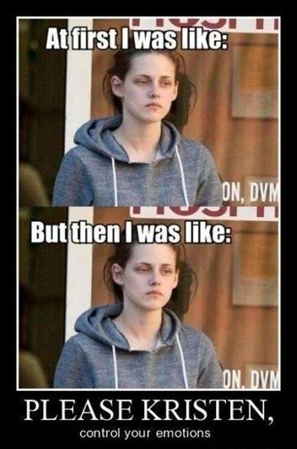 At First, I Was Like, But Then, I Was Like — Two identical blank-faced Kristen Stewart photos captioned 'At first I was like / But then I was like / Please