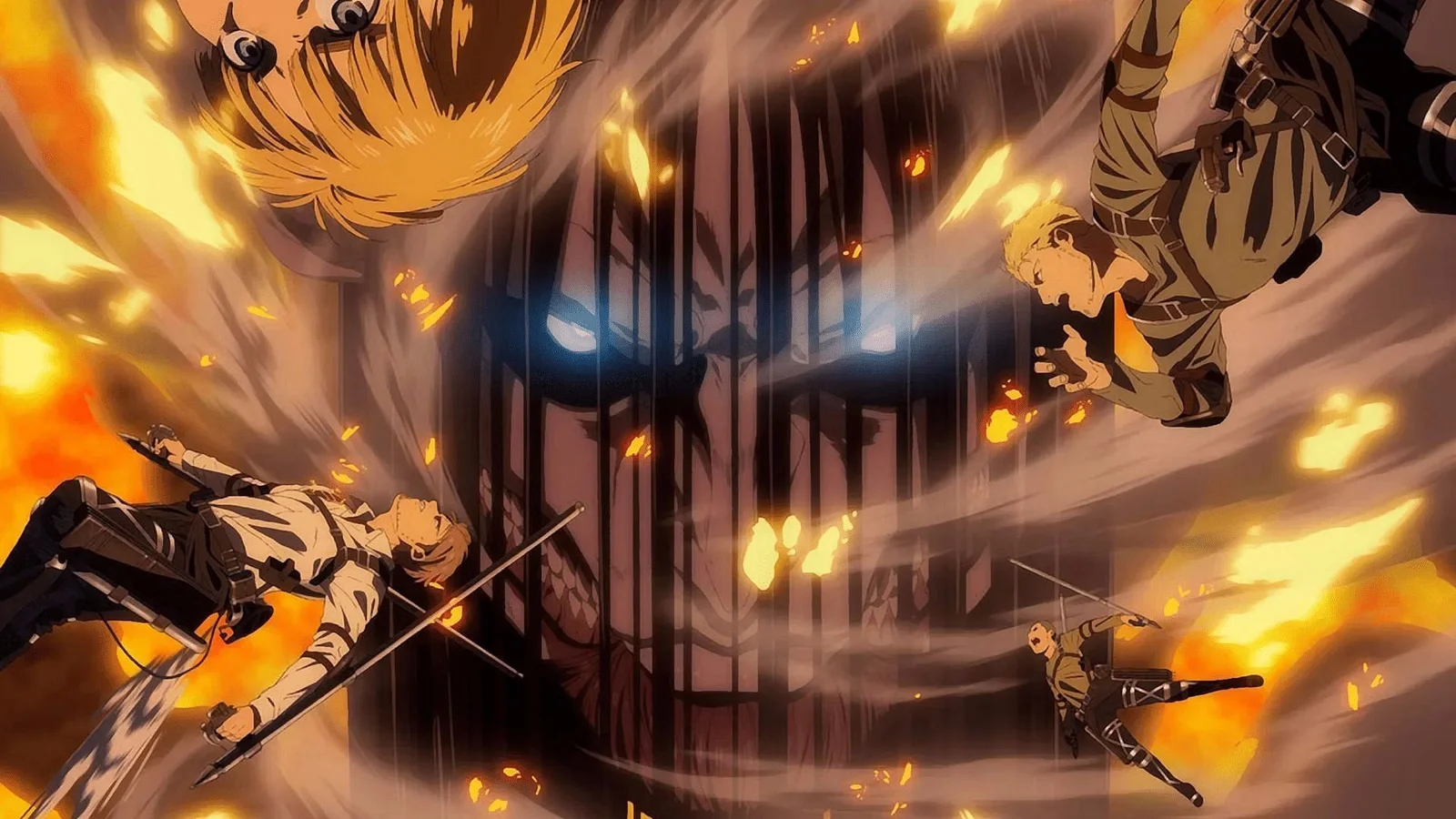 Attack on Titan Memes — Stunning high-resolution Attack on Titan artwork with dramatic combat and multiple characters in golden fire.