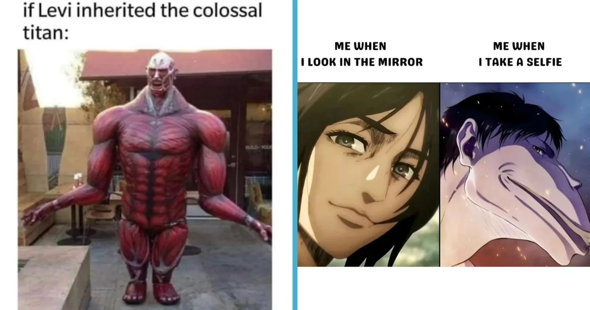 Attack on Titan Memes — Meme pairing colossal titan transformation with mirror selfie comparison using character expressions.