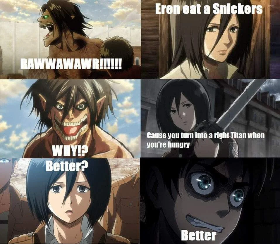 Attack on Titan Memes — Snickers advertisement parody with Eren's titan transformation and aggressive roaring.