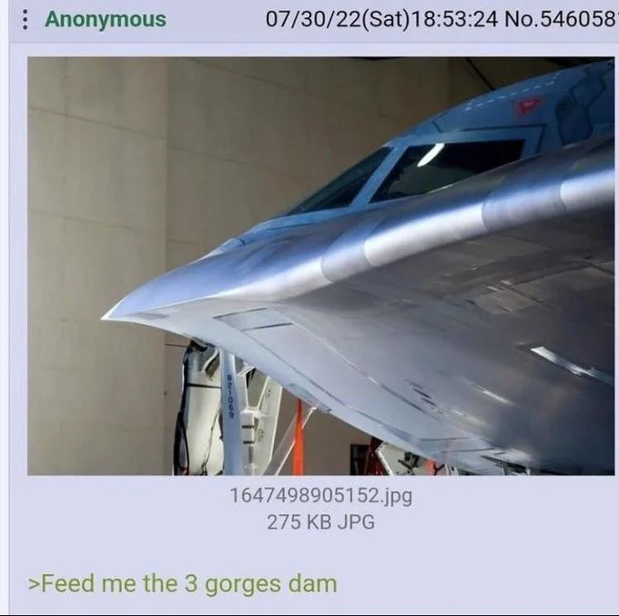 Attacking The Three Gorges Dam — 4chan post with B-2 bomber close-up and Feed me the 3 gorges dam text