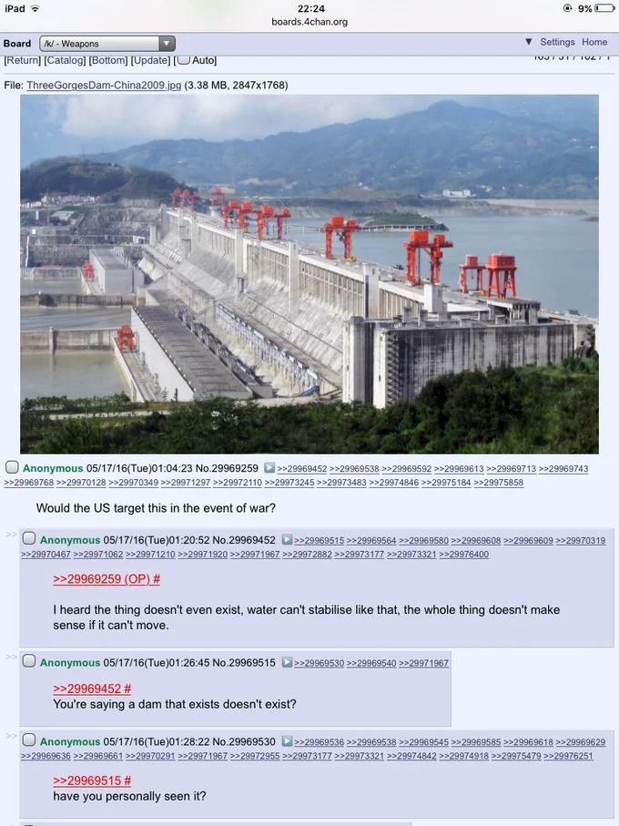 Attacking The Three Gorges Dam — 4chan thread screenshot showing Three Gorges Dam discussion