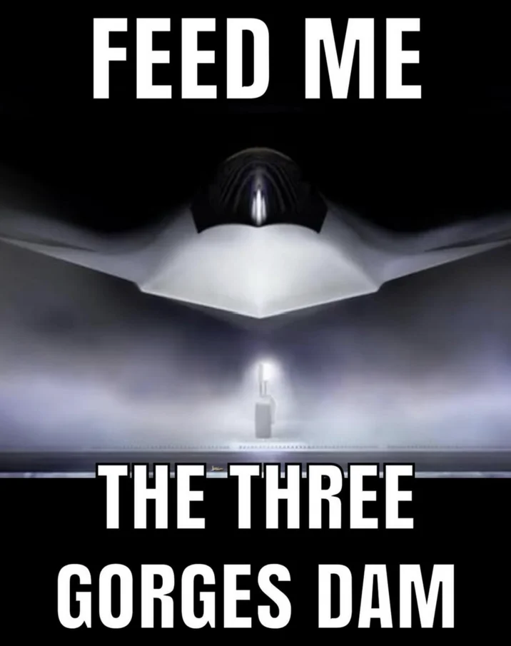 Attacking The Three Gorges Dam — Dramatic B-2 bomber silhouette with Feed Me The Three Gorges Dam text