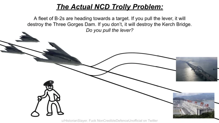 Attacking The Three Gorges Dam — NCD trolley problem meme with B-2 bombers targeting Three Gorges Dam or Kerch Bridge