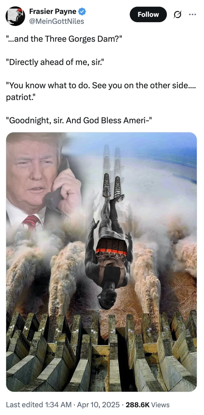Attacking The Three Gorges Dam — Twitter post with Trump dialogue about Three Gorges Dam and B-2 bomber diving image