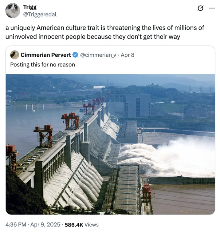 Attacking The Three Gorges Dam — Twitter screenshot with Three Gorges Dam image and posting this for no reason reply