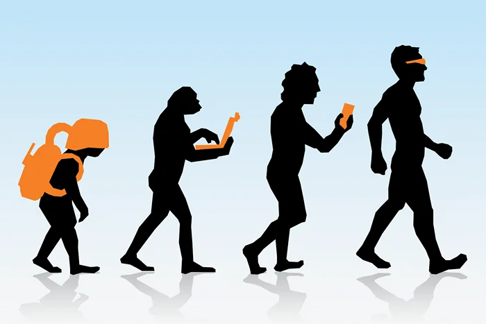 Evolution of man illustration ending with figure wearing augmented reality visor