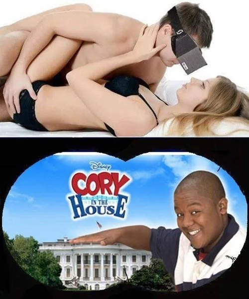 Augmented Reality — Two-panel meme showing VR headset wearer seeing Cory in the House
