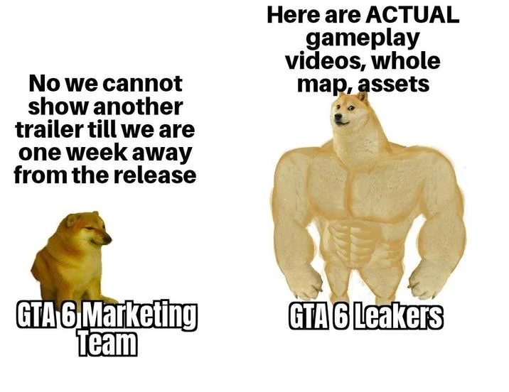 August 2026 Gta 6 Leaks 2026 Grand Theft Auto Vi Leak — Cheems vs Buff Doge meme comparing GTA 6 marketing team to GTA 6 leakers