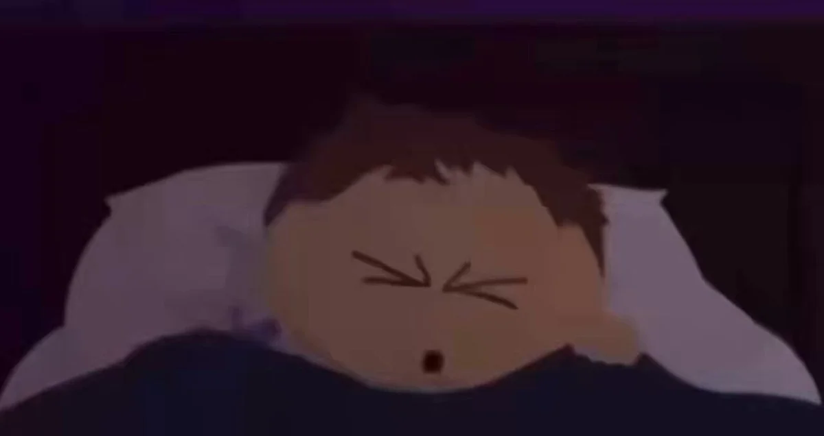 August 2026 Gta 6 Leaks 2026 Grand Theft Auto Vi Leak — South Park cartoon character lying in bed at night with eyes tightly shut in restless frustration.