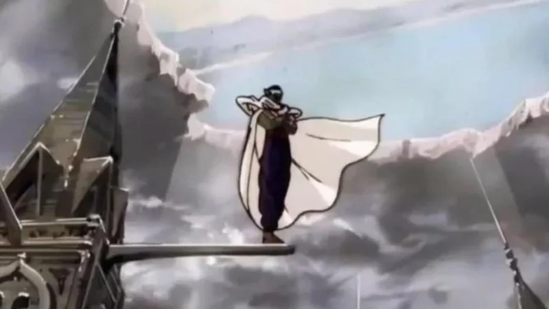 Aura Farming — Anime-style illustration of figure standing majestically on elevated platform with dramatic cloudy skies.