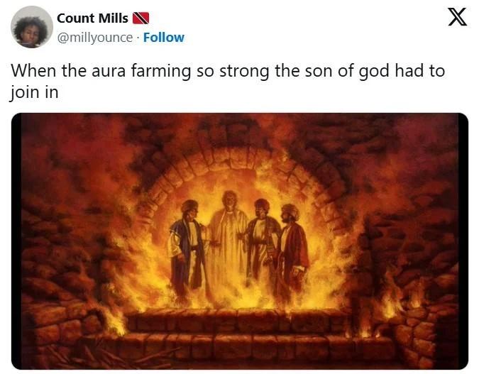 Twitter post joking Jesus joined aura farming with dramatic holy figures in divine light.