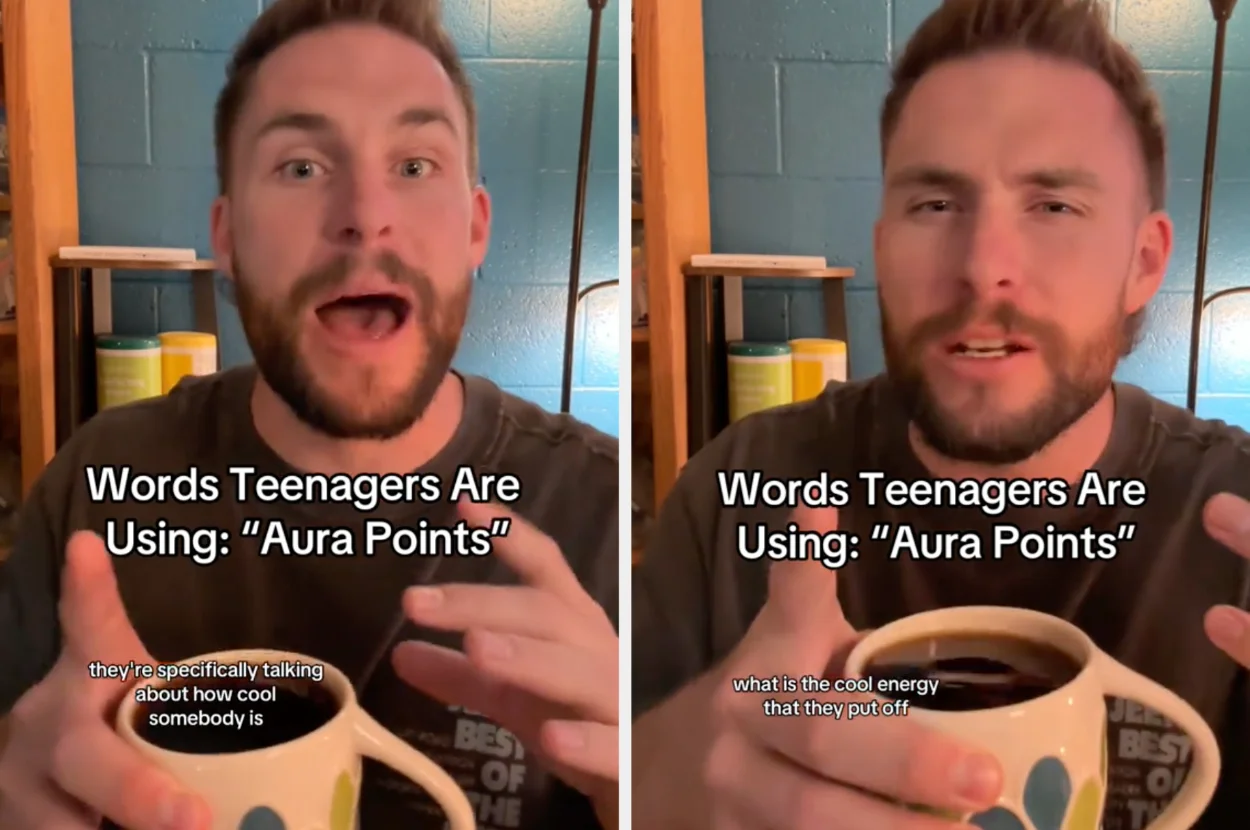 Person holding coffee mug explaining how teenagers use aura points to describe coolness.