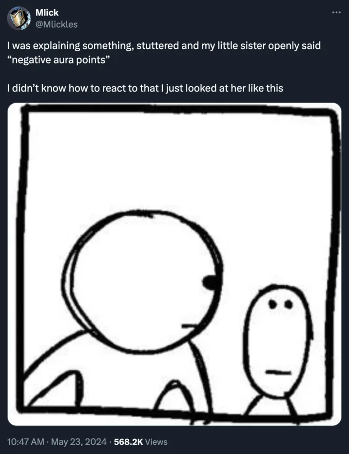 Twitter post about sister calling out negative aura points when user stuttered.